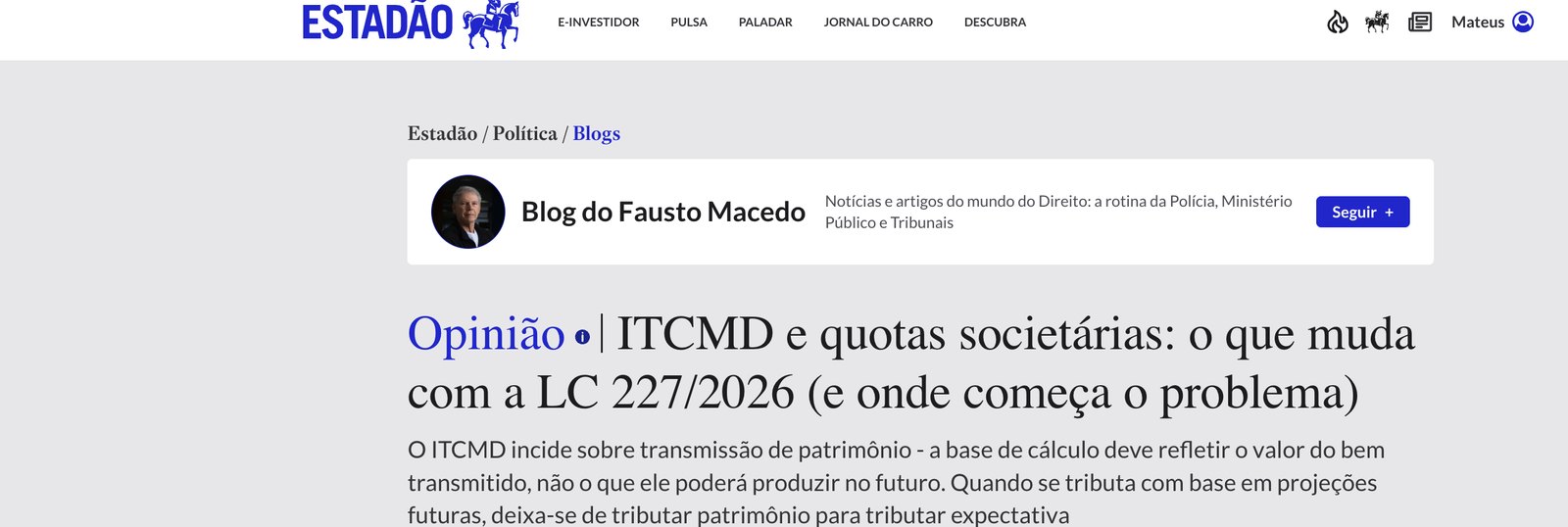 Artigo de Mateus Pontalti publicado no Estadão
